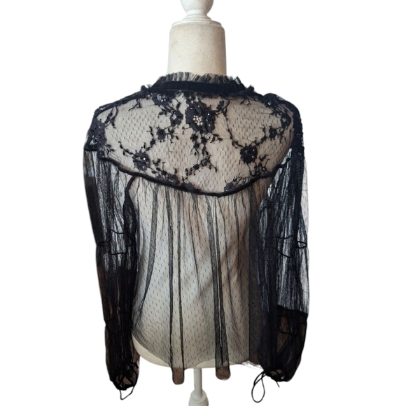 Embroidered sheer Tulle Top Witchy Whimsigoth velvet Bow Black Size L - Picture 10 of 16